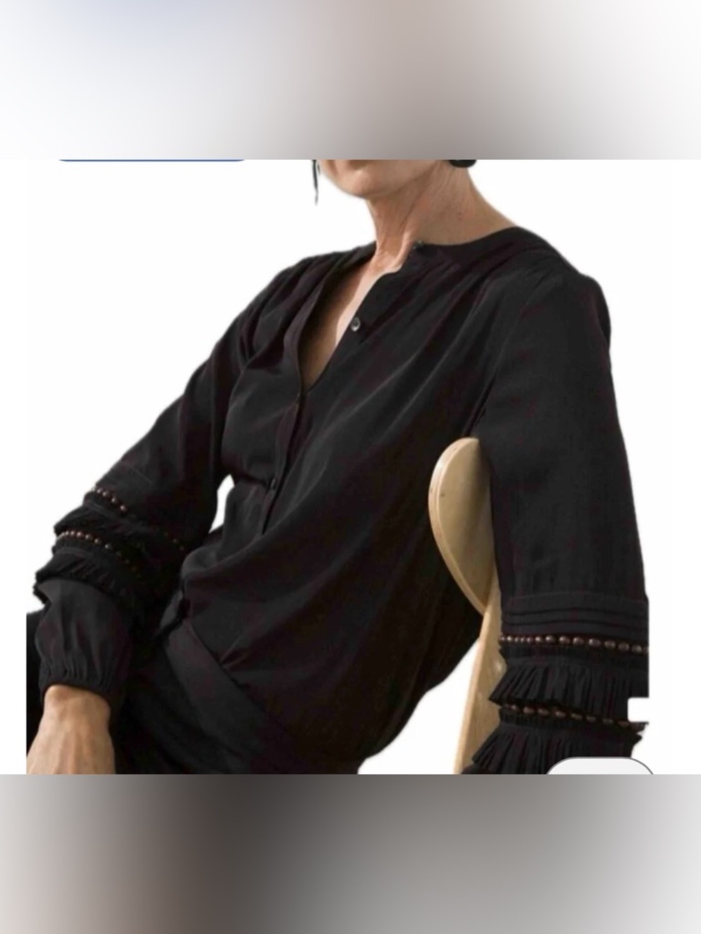 Chico's Black Button-Front Blouse with Decorative Fringe Sleeves